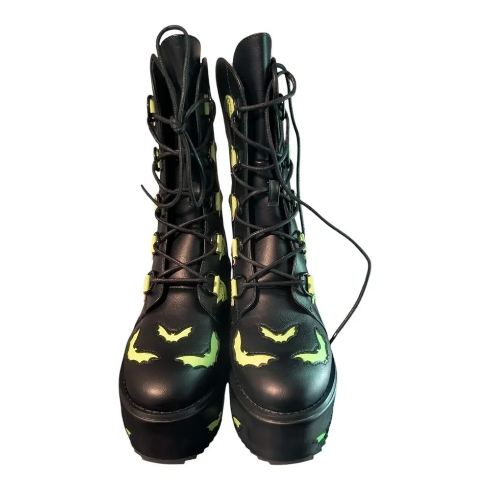 Strange Cvlt Black & Green Stomp Bat Boot, Size 8.